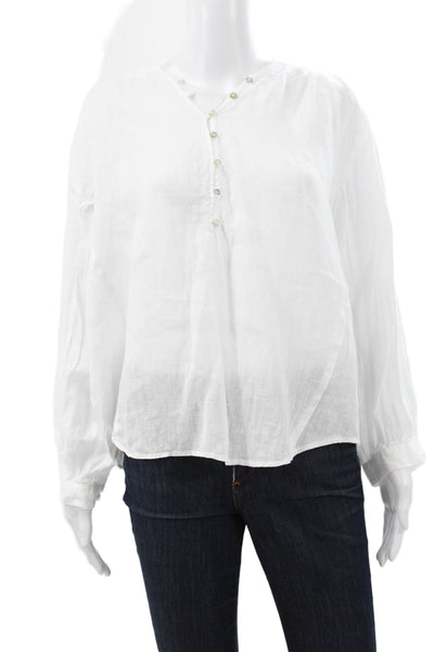 Zara Women White Linen V-Neck Long Sleeve Button Basic Blouse Size XS