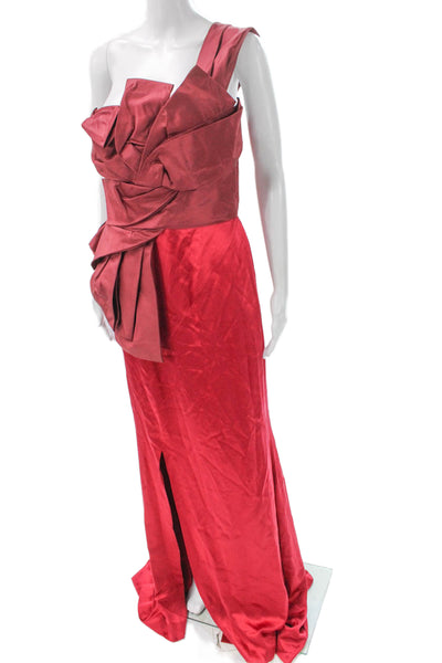 Oscar de la Renta Women Red Silk One Shoulder Maxi Dress Sleeveless Size 10