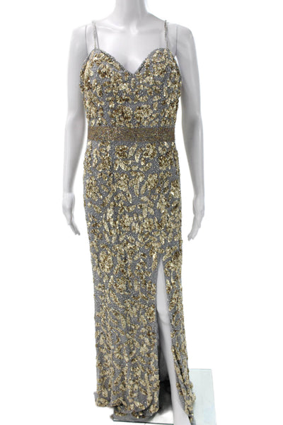 MacDuggal Women's Gray Floral Sequin V-Neck Sleeveless Long Dress Size 14