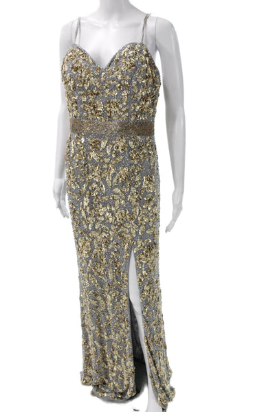 MacDuggal Women's Gray Floral Sequin V-Neck Sleeveless Long Dress Size 14