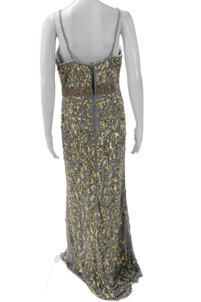 MacDuggal Women's Gray Floral Sequin V-Neck Sleeveless Long Dress Size 14