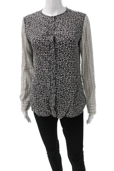 Equipment Femme Womens Black Floral Collared Blouse Long Sleeve Petite Size S