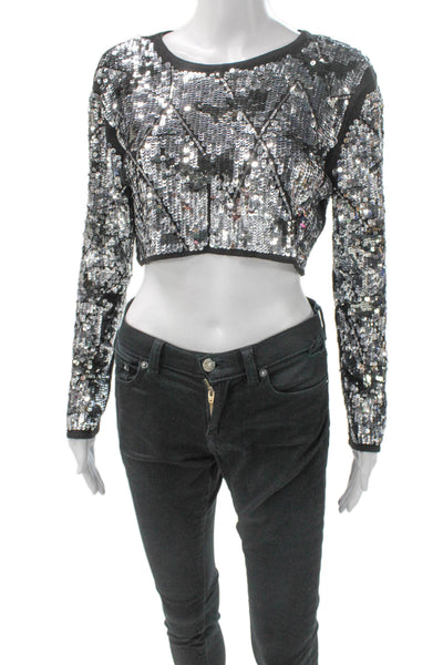 Zara Womens Cropped Black Argyle Round Neck Long Sleeve Blouse Polyester Size S