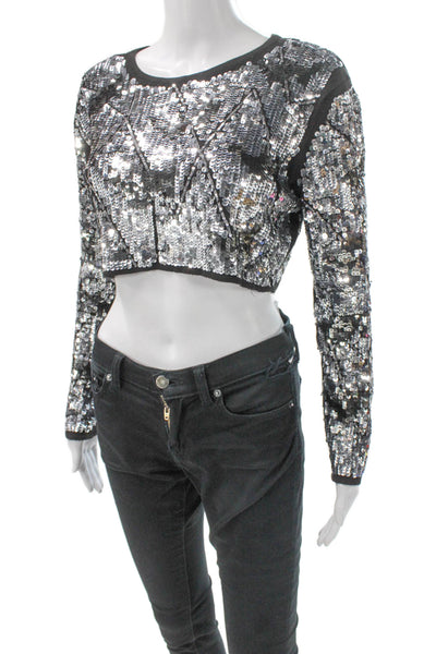 Zara Womens Cropped Black Argyle Round Neck Long Sleeve Blouse Polyester Size S