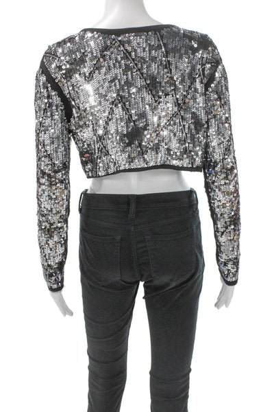 Zara Womens Cropped Black Argyle Round Neck Long Sleeve Blouse Polyester Size S