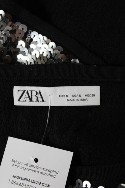 Zara Womens Cropped Black Argyle Round Neck Long Sleeve Blouse Polyester Size S