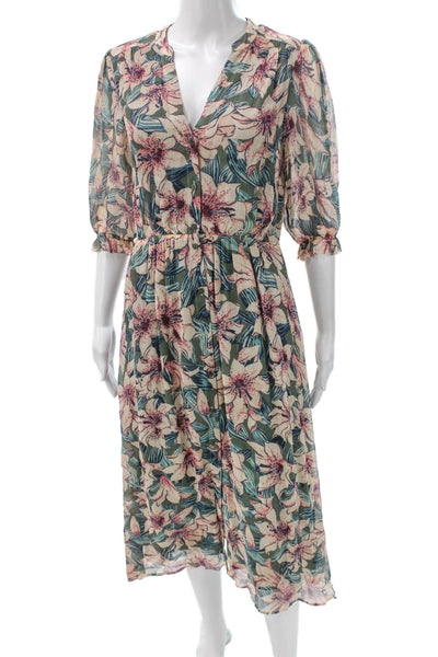 Ba&Sh Women Midi Floral V-Neck Viscose Button Midcalf Dress 3/4 Sleeve Size S