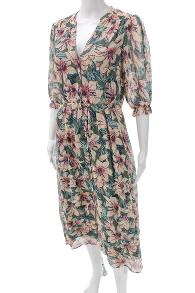 Ba&Sh Women Midi Floral V-Neck Viscose Button Midcalf Dress 3/4 Sleeve Size S