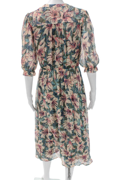 Ba&Sh Women Midi Floral V-Neck Viscose Button Midcalf Dress 3/4 Sleeve Size S