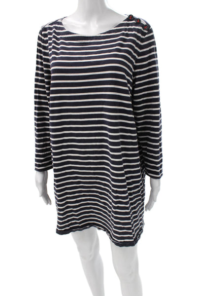 Boden Women Shift Dress Blue Striped Cotton Boat Neck Long Sleeve Size M