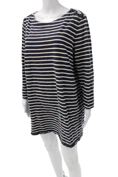 Boden Women Shift Dress Blue Striped Cotton Boat Neck Long Sleeve Size M
