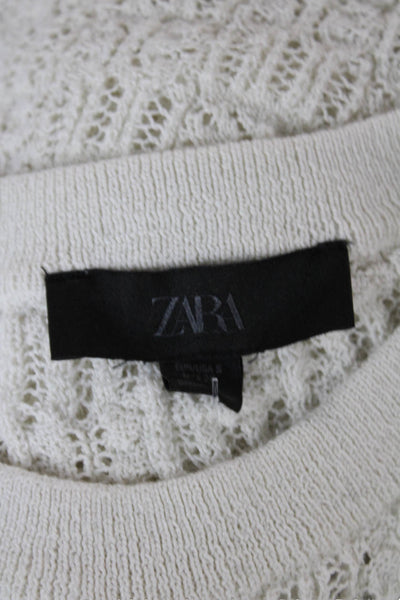 Zara Women Pullover Sweater White Cotton Blend Long Sleeve Round Neck Size S