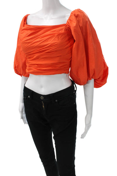 Tanya Taylor Womens Cropped Blouse Square Neck Orange 3/4 Sleeve Size 0