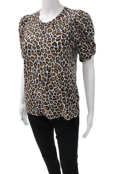 A.L.C. Womens Animal Print Cotton Crew Neck Blouse Short Sleeve Size XS
