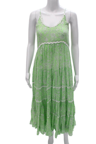 Miss June Women Maxi Floral Cotton Dress Green Sleeveless Scoop Neck Size S