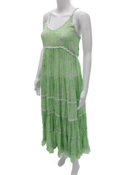 Miss June Women Maxi Floral Cotton Dress Green Sleeveless Scoop Neck Size S