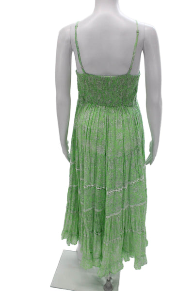 Miss June Women Maxi Floral Cotton Dress Green Sleeveless Scoop Neck Size S