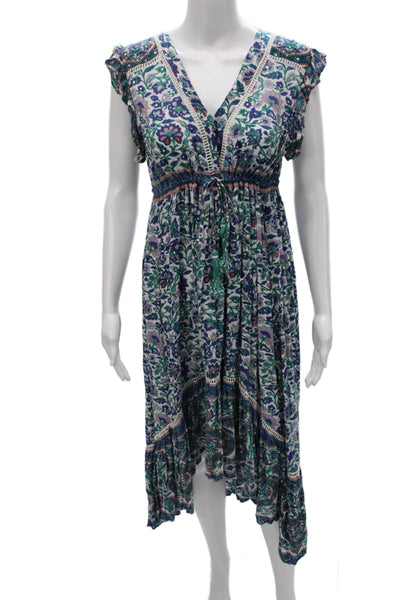 Miss June Women Maxi Floral V-Neck Tie Waist Viscose Dress Short Sleeve Size S