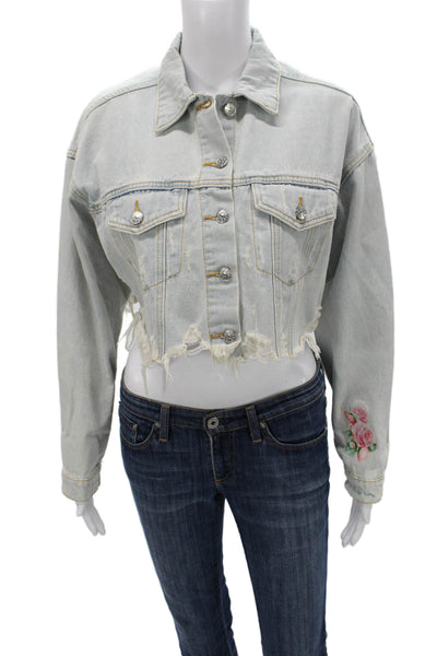 Trio Womens Basic Jacket Blue Floral Button Long Sleeve Western Size S