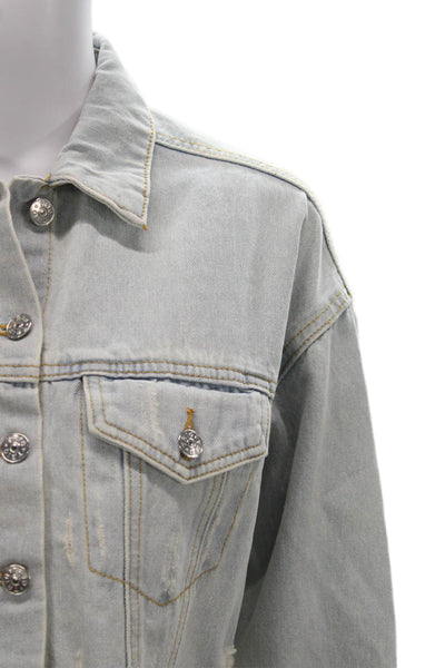 Trio Womens Basic Jacket Blue Floral Button Long Sleeve Western Size S