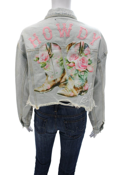 Trio Womens Basic Jacket Blue Floral Button Long Sleeve Western Size S