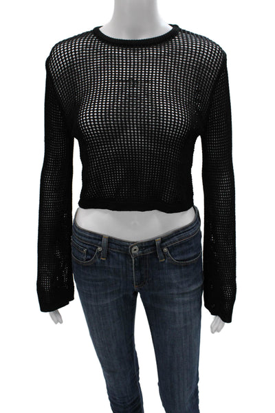Miou Muse Women Black Viscose Cropped Blouse Long Sleeve Crew Neck Size S