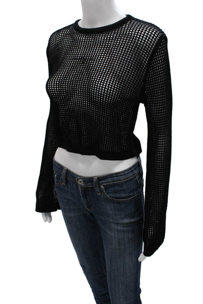 Miou Muse Women Black Viscose Cropped Blouse Long Sleeve Crew Neck Size S