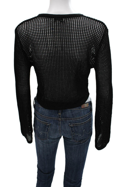 Miou Muse Women Black Viscose Cropped Blouse Long Sleeve Crew Neck Size S