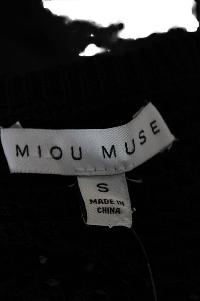 Miou Muse Women Black Viscose Cropped Blouse Long Sleeve Crew Neck Size S