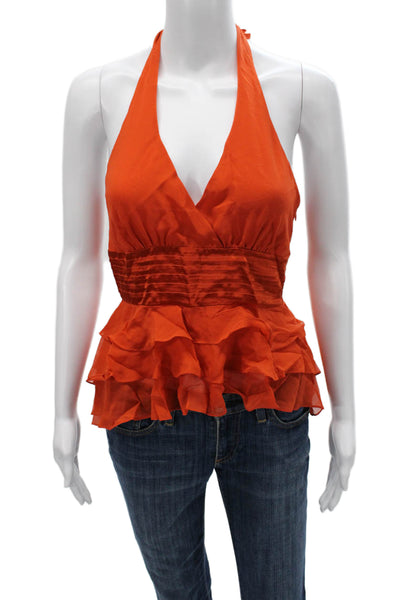 BCBGMAXAZRIA Womens Halter Top Silk Orange Tie Sleeveless Blouse Size XS