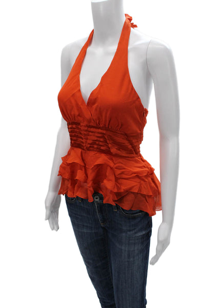 BCBGMAXAZRIA Womens Halter Top Silk Orange Tie Sleeveless Blouse Size XS
