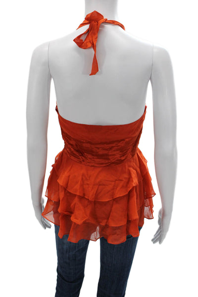 BCBGMAXAZRIA Womens Halter Top Silk Orange Tie Sleeveless Blouse Size XS
