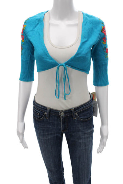 DKNY Jeans Womens Shrug Sweater Blue Floral V Neck 3/4 Sleeve Ramie Size S