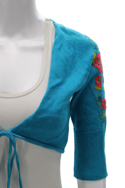 DKNY Jeans Womens Shrug Sweater Blue Floral V Neck 3/4 Sleeve Ramie Size S