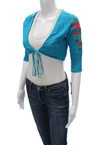 DKNY Jeans Womens Shrug Sweater Blue Floral V Neck 3/4 Sleeve Ramie Size S