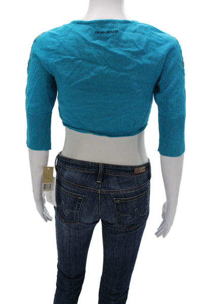 DKNY Jeans Womens Shrug Sweater Blue Floral V Neck 3/4 Sleeve Ramie Size S