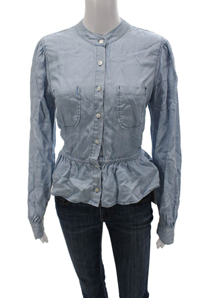 Frame Women Basic Collared Tencel Long Sleeve Button Blouse Blue Size L