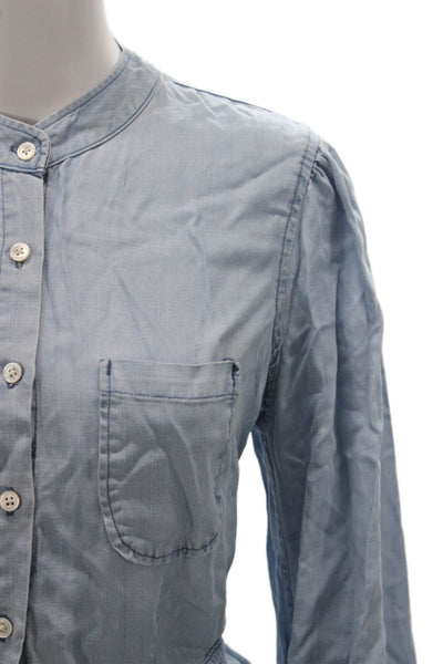 Frame Women Basic Collared Tencel Long Sleeve Button Blouse Blue Size L