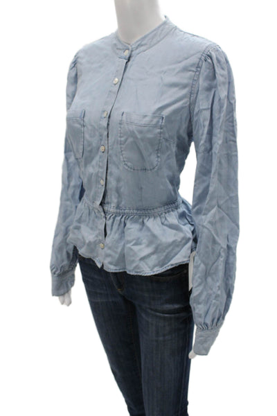 Frame Women Basic Collared Tencel Long Sleeve Button Blouse Blue Size L