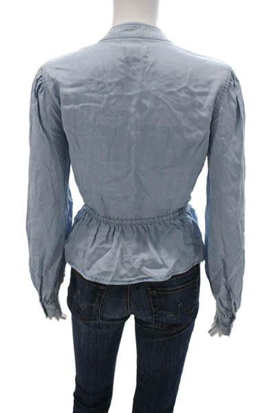 Frame Women Basic Collared Tencel Long Sleeve Button Blouse Blue Size L