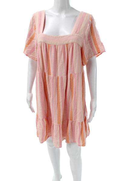 Rails Women Mini Striped Pink Linen Square Neck Short Sleeve Dress Size XL