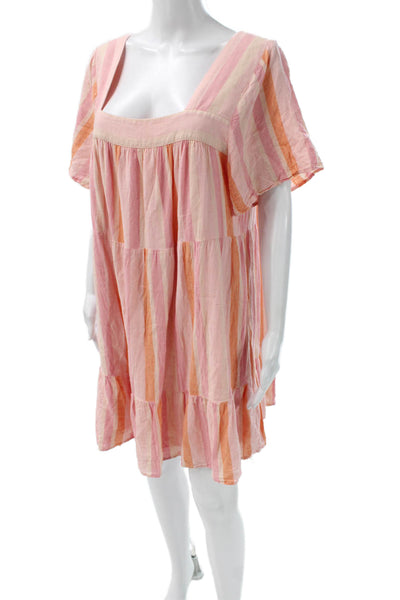 Rails Women Mini Striped Pink Linen Square Neck Short Sleeve Dress Size XL