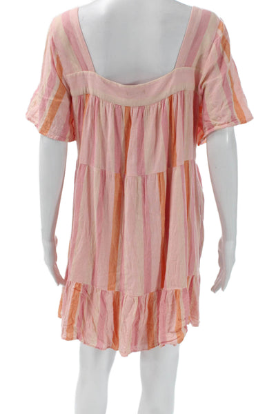 Rails Women Mini Striped Pink Linen Square Neck Short Sleeve Dress Size XL
