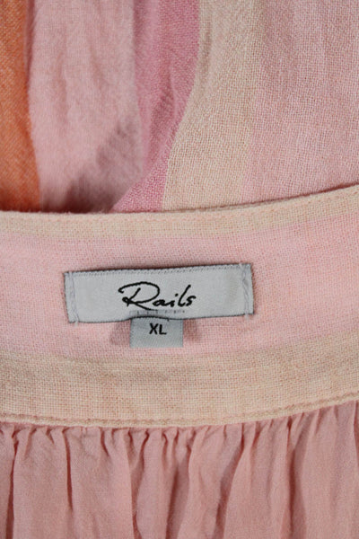 Rails Women Mini Striped Pink Linen Square Neck Short Sleeve Dress Size XL
