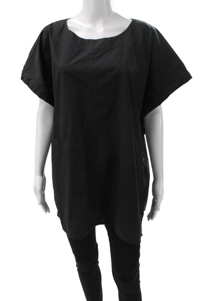 Meimeij Women Tunic Blouse Black Boat Neck Short Sleeve Cotton Size 46