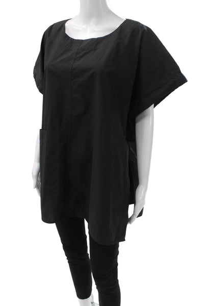 Meimeij Women Tunic Blouse Black Boat Neck Short Sleeve Cotton Size 46