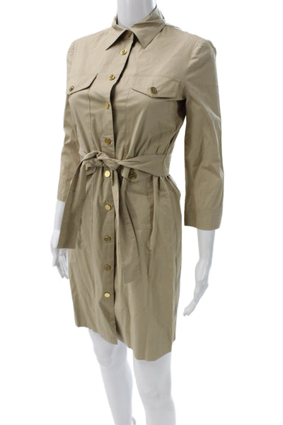 Tory Burch Women Shirt Dress Beige Cotton 3/4 Sleeve Utility Size 2