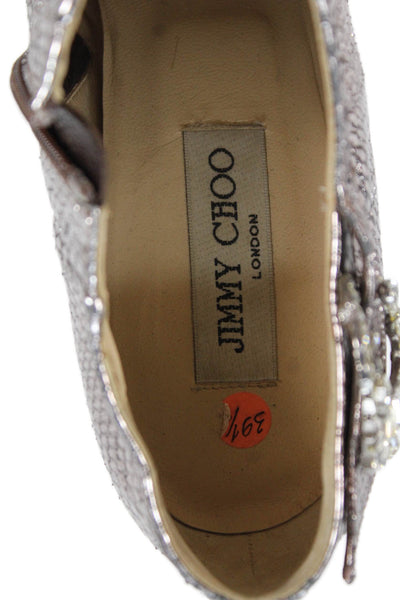 Jimmy Choo Womens Snakeskin Print Jeweled Ankle Boots Silver Pink Size 39.5 9.5