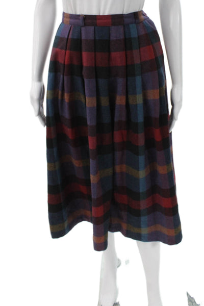 Oscar de la Renta Women Pleated Skirt Multicolor Plaid Wool Button Midi Size M