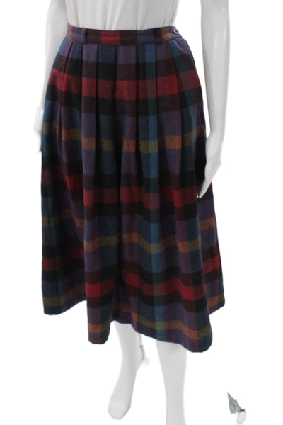Oscar de la Renta Women Pleated Skirt Multicolor Plaid Wool Button Midi Size M
